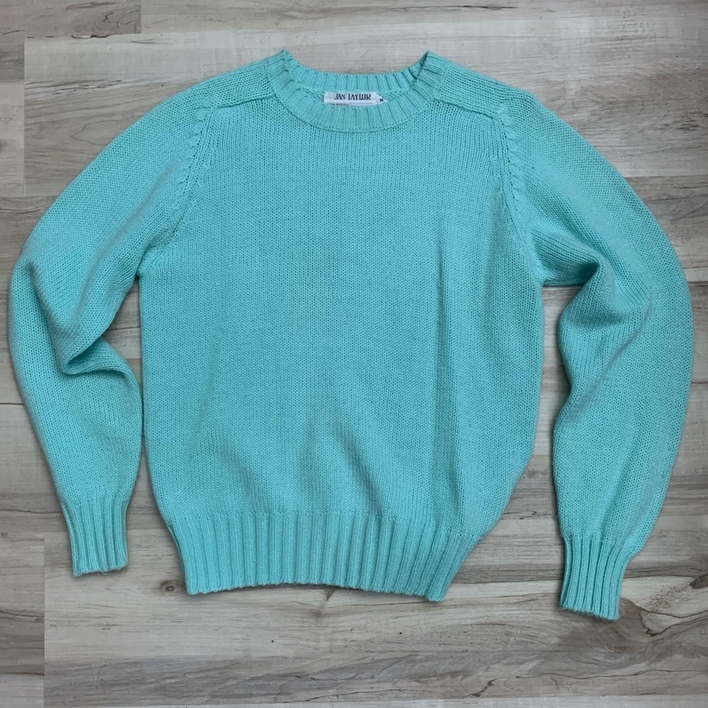 Jan Taylor Vintage 80s Teal Blue Crewneck Sweater Acrylic Knit Medium